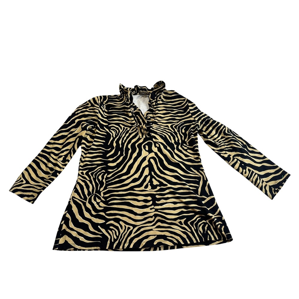 J.McLaughlin Blouse Womens M Tan Black Excellent Zebra Print Ruffle V-Neck Top